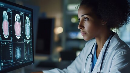 A female medical technician wearing a lab coat and stethoscope looking at a mammography scan on a computer screen in a modern healthcare facility highlighting the importance of early detection and