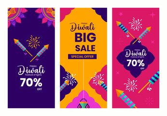 Set of Diwali Festival Banners with Firecrackers and Abstarct Background Design, with typography