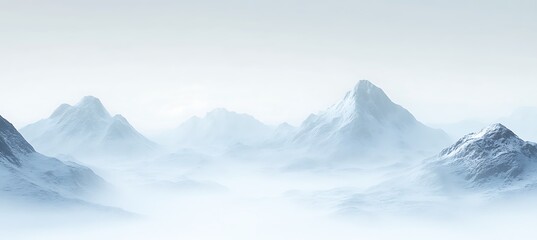 A tranquil, snow-covered mountain range with a clear sky area for text