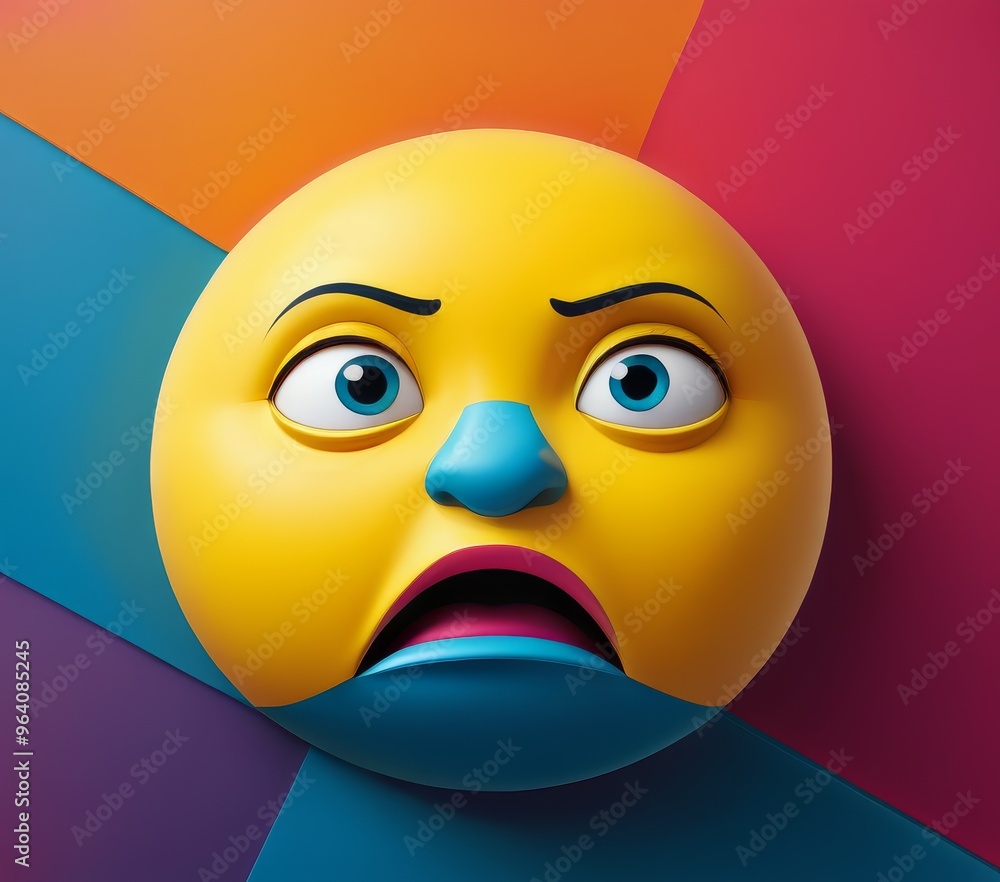 Poster a digital illustration of a surprised emoji face with a colorful, geometric background. the expressi