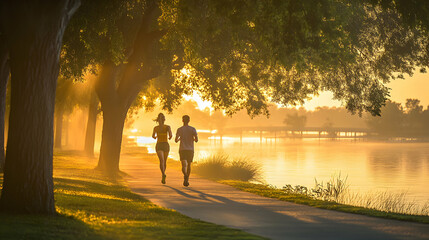 A young couple jogging along a waterfront park path under a glowing sunrise with reflections of light dancing on the water