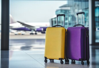 Yellow and Purple Suitcases in Airport Terminal with Airplane in Background, Blurry Foreground and Distant Plane, Travel Concept