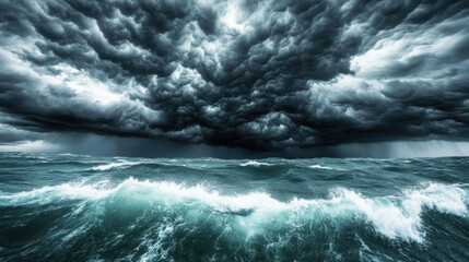 Dramatic storm clouds gathering turbulent ocean waves