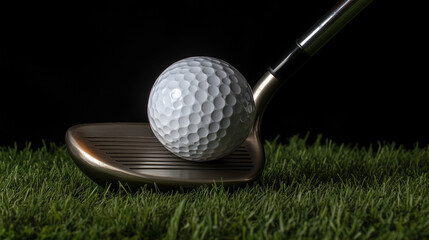 Piłka golfowa ustawiona na tee z kijem golfowym znajdującym się obok, co wskazuje na gotowość do rozpoczęcia uderzenia. 