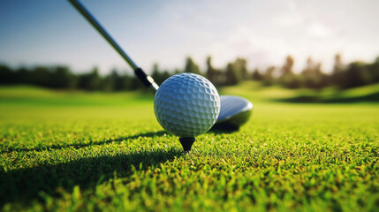 Piłka golfowa ustawiona na tee z kijem golfowym znajdującym się obok, co wskazuje na gotowość do rozpoczęcia uderzenia. 