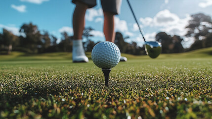 Piłka golfowa ustawiona na tee z kijem golfowym znajdującym się obok, co wskazuje na gotowość do rozpoczęcia uderzenia. 