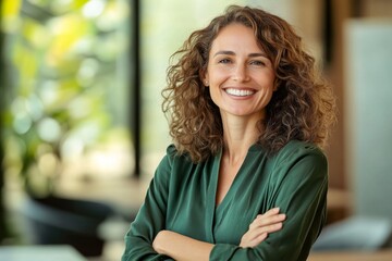  Confident Woman in Green Blouse with Curly Hair Smiling in Modern Office, Natural Lighting, Professional Business Environment