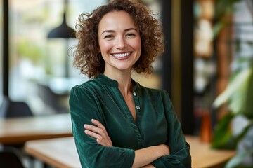 Confident Woman in Green Blouse with Curly Hair Smiling in Modern Office, Natural Lighting, Professional Business Environment