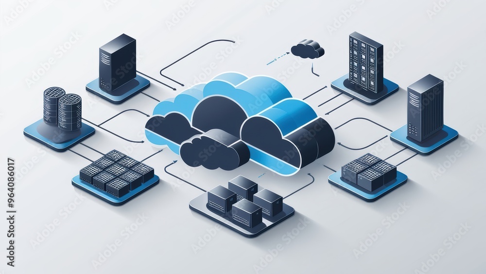 Poster a vector illustration of cloud computing, showing various devices like laptops, phones, and servers 
