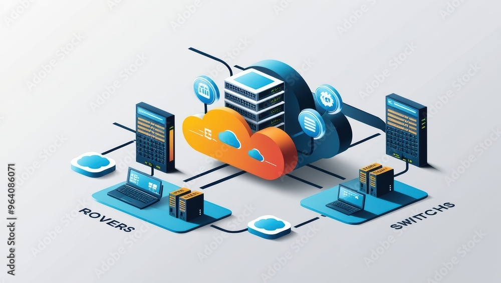 Aufkleber a vector illustration of cloud computing, showing various devices like laptops, phones, and servers 
