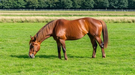 Fototapeta premium Majestic chestnut horse grazing in verdant pasture