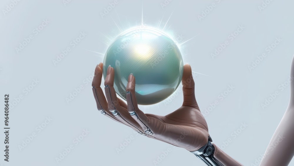 Poster hands holding a glowing light bulb, representing global technology and communication with digital ne