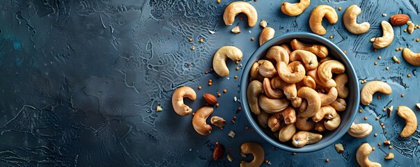 A Bowl of Cashews and Scattered Nuts on a Blue Background