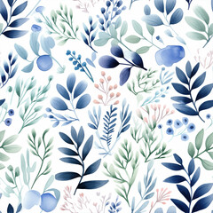 Fototapeta premium Summer blue plants seamless pattern. Natural leaves. Meadow foliage. Botanical design. Watercolor style. Image generated by AI technology