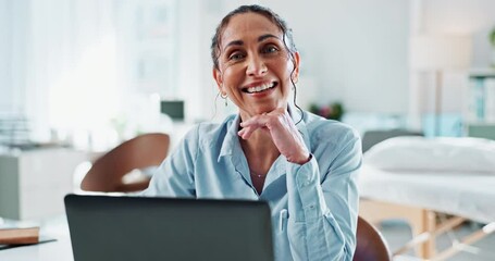 Happy woman, doctor and clinic with laptop for healthcare advice, online booking or schedule appointment. Portrait, female person or therapist with smile on computer for telehealth help at hospital
