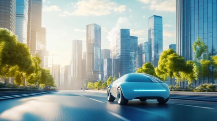 Naklejka premium A hydrogen vehicle driving through a clean city, with water vapor emissions, representing the future of transportation