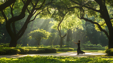 A person practicing tai chi in a quiet park with lush greenery and sunlight breaking through the trees creating a harmonious atmosphere