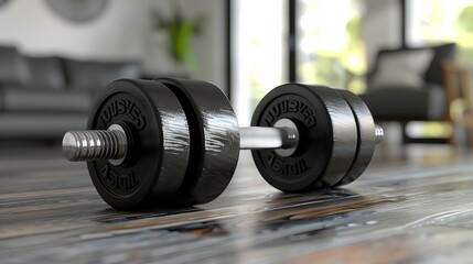 Fototapeta premium Close-up of Heavy Dumbbell on Wooden Floor in Modern Gym
