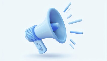 A 3D megaphone isolated on a white background used for loud announcements and communication, featuring a blue speaker horn and hand grip