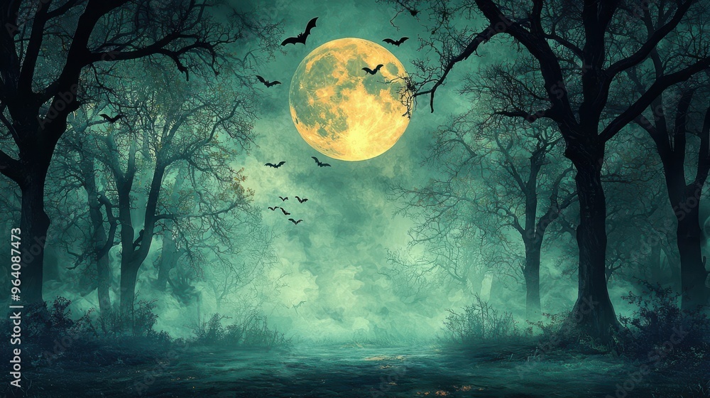 Wall mural a spooky forest with trees silhouetted against a full moon bats flying overhead and mist covering th