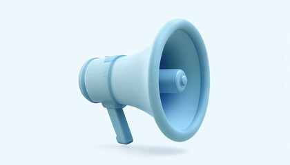 A 3D megaphone isolated on a white background used for loud announcements and communication, featuring a blue speaker horn and hand grip