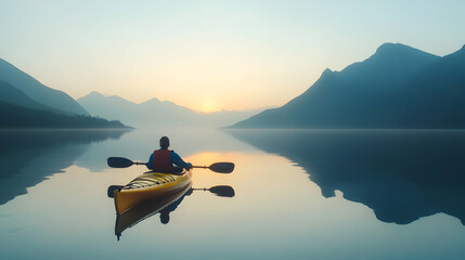 A person kayaking on a still lake with mountains in the distance, illuminated by the soft light of a morning sunrise casting reflections on the water