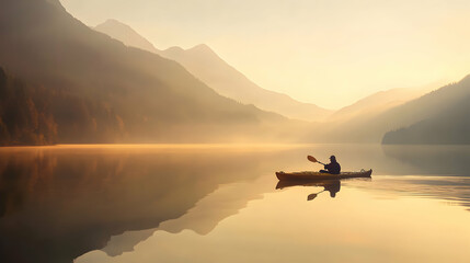 A person kayaking on a still lake with mountains in the distance, illuminated by the soft light of a morning sunrise casting reflections on the water