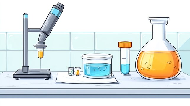 A colorful illustration of a laboratory setup featuring a microscope, beakers, and various solutions on a clean workbench.