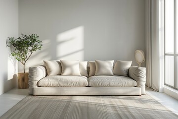 Beige Double Sofa Bed with Storage in Light Living Room with White Walls, Gray Carpet, and Modern Style