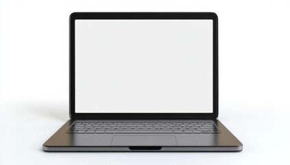 Fototapeta premium Realistic Mockup of a Laptop with a Blank Screen on a White Background, Ideal for Website or App Interface Presentation. Black and Gray Colors, Front View in 3D Rendering.