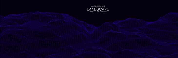 Wireframe landscape. Futuristic 3d mesh background. Digital hills technology. Vector illustration.