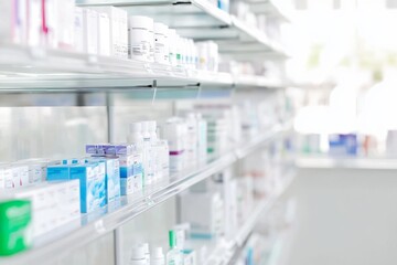 High-Angle View of Pharmacy Shelves Displaying Various Medical Products, Bright and Clean with Space for Text. Captured in High Resolution with Canon EOS, Featuring Shallow Depth of Field and Natural 