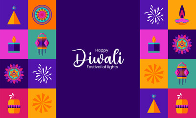 Modern and Vibrant Diwali Design with Diyas, Lanterns and Firecrackers for Indian Festival Diwali