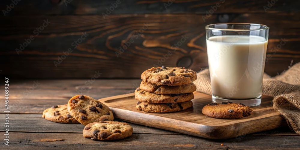 Aufkleber christmas chocolate chip cookies and a glass of milk on a rustic wooden board with space for text
