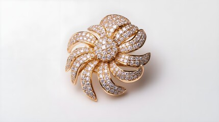 Naklejka premium Diamond Flower Brooch Gold Jewelry Isolated White Background