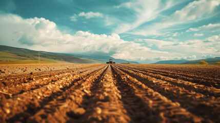 Morning light illuminates a freshly plowed field, with gentle fog covering the distant hills.