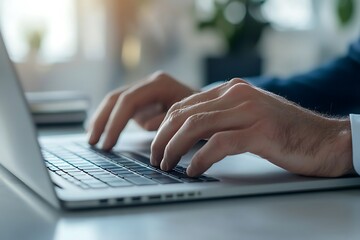 Focused Hands Typing on a Laptop in a Bright Work Environment