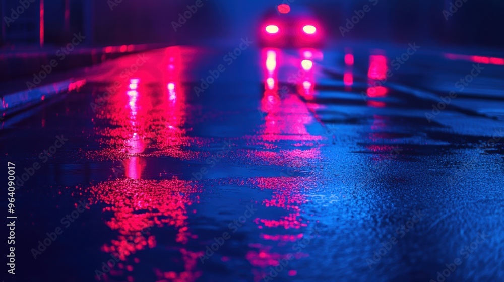 Aufkleber dark empty scene with wet asphalt reflecting red and blue neon lights, creating a mysterious and moo