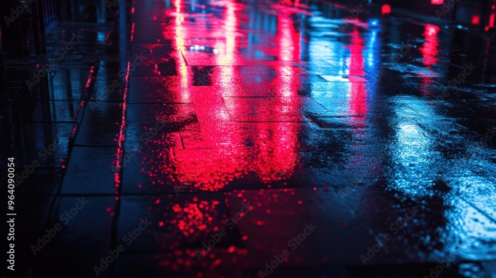Aufkleber dark empty scene with wet asphalt reflecting red and blue neon lights, creating a mysterious and moo