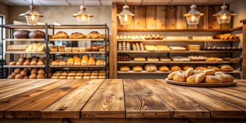 Polished wooden table in bakery with blurred baked goods background, copy space available