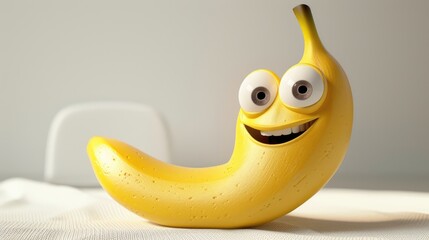 3D yellow banana funny cartoon character with eyes on white background illustration