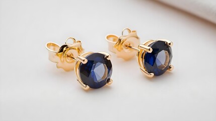 Gold Earrings with Blue Sapphires on White Background