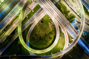 Aerial view night traffic transport road with vehicle movement