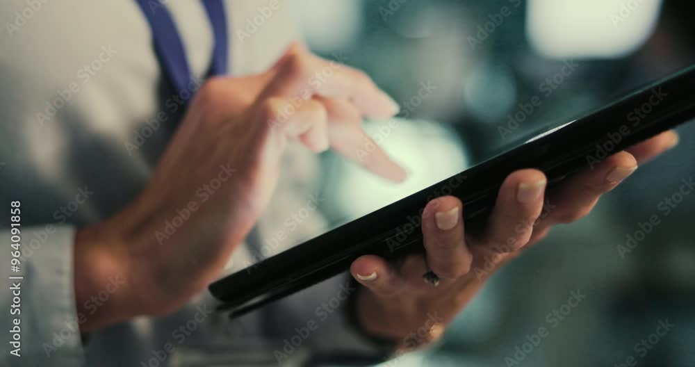 Poster Business, woman and hands with tablet in office for information technology, research and update. Company, developer and programmer typing at work for backend development, software and communication