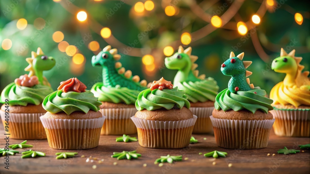 Poster Close up of a freshly baked batch of muffins and cupcakes in the shape of dinosaurs and dragons, with bokeh effect and copy space on a green and brown background perfect for a happ