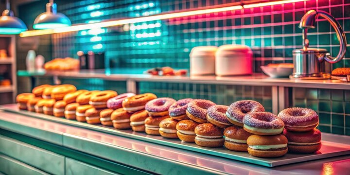 Donut shop counter with fresh donuts on display, retro interior with neon sign, vintage style photography in warm colors