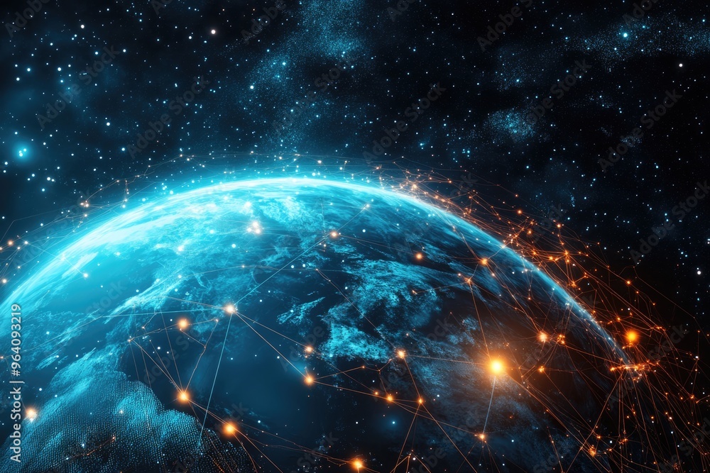 Poster global network connection around the planet earth. concept of metaverse and global internet connecti