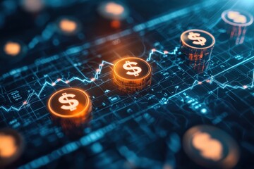 Cryptocurrency blockchain with dollar sign icons and digital data network