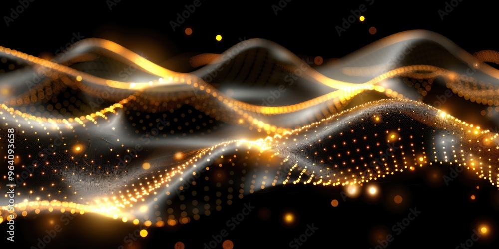 Poster flowing golden waves create an enchanting visual effect, highlighting digital transformation