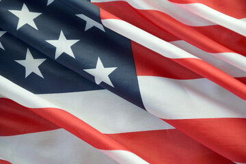 United States of America flag with stars and stripes close up. Official US Banner waving with folds